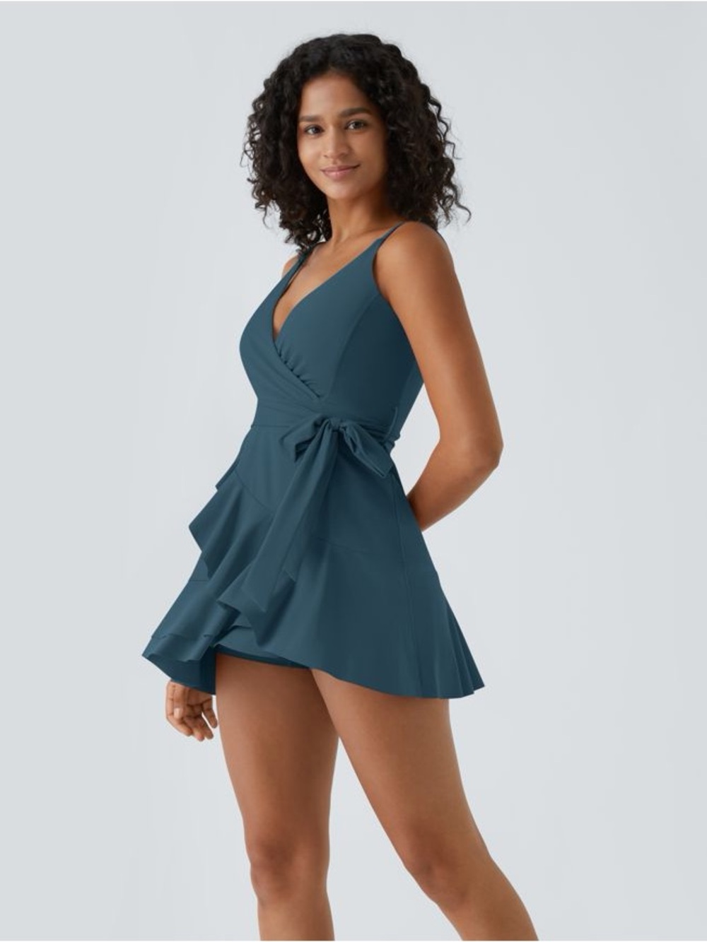 Halara V Neck Tie Side Ruffle 2-Piece Pocket Flowy Mini Casual Dress A-D Cups M